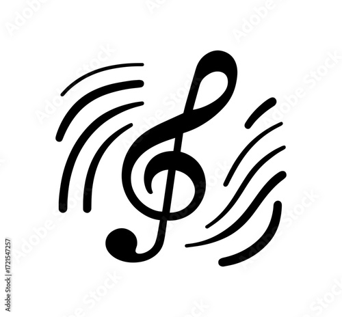 Elegant treble clef symbol with radiating sound waves symbolizing music and melody in a stylized black and white design