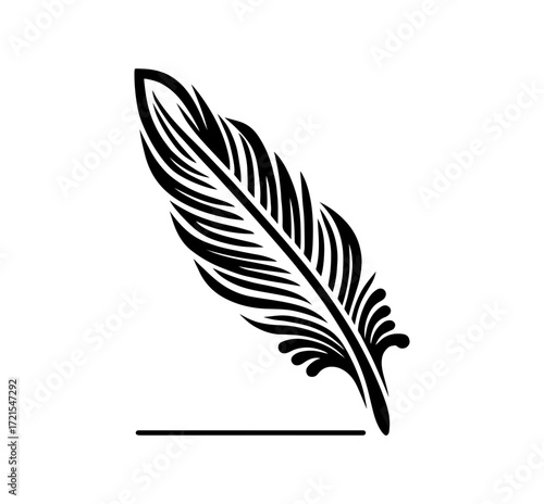 Elegant black quill feather poised above a subtle horizontal line, suggesting writing, creativity, or artistic expression