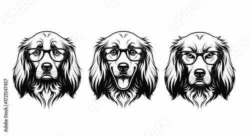 Three stylish dogs wearing glasses, showcasing diverse expressions and personalities