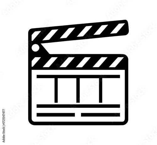 Classic black and white clapperboard icon symbolizing movie production and filmmaking industry, a universally recognized symbol for cinema and entertainment.
