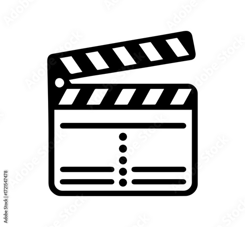 Classic black clapperboard for filmmaking and video production, representing action and the start of a scene with a simple, bold design and clear visual elements.