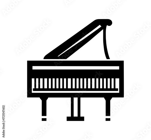 Elegant black silhouette of a grand piano with its lid open, showcasing its keyboard and supportive legs, perfect for music and performance themes.
