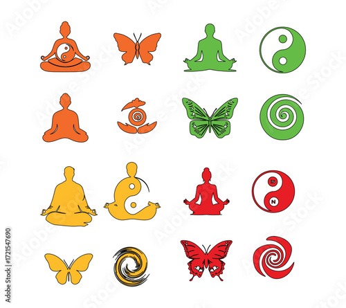 Various colorful yoga poses butterflies and yin yang symbols arranged on a white background surface, A set of icons for mindfulness: a person sitting in a lotus position, a yin-yang symbol