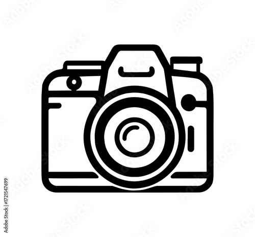 Iconic black and white outline of a digital camera representing photography creativity and visual storytelling