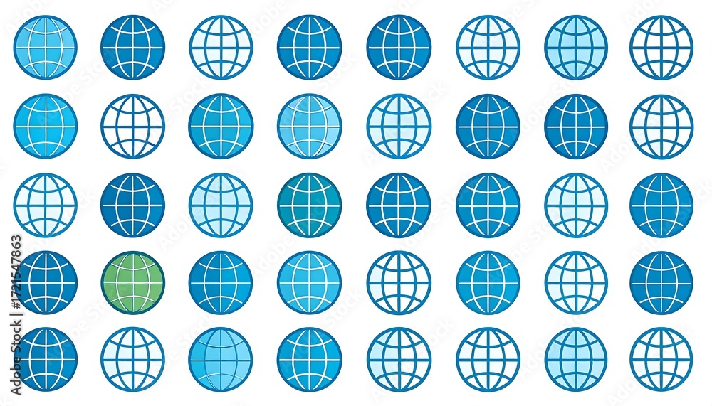 Array of stylized world globes in various shades of blue