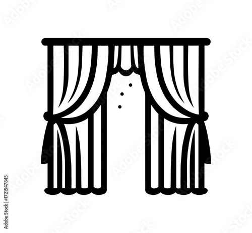 Stylized depiction of theatrical curtains drawn open with a central decorative element, a simple graphic representation suitable for various design applications.
