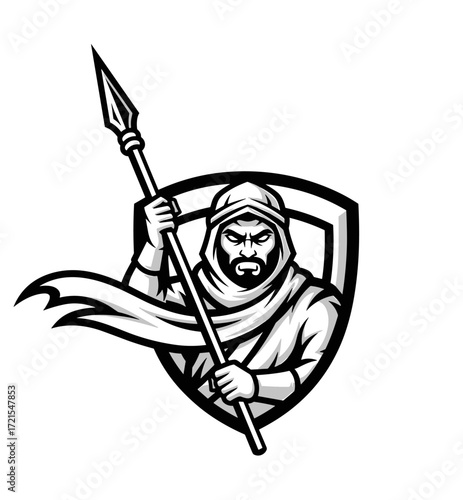 Arabian warrior mascot illustration for esport team logo and emblem design, symbolizing strength, courage, and ancient heritage in modern competitive gaming culture