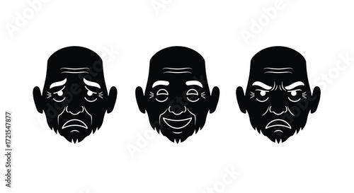 Diverse human emotions portrayed through stylized black and white faces showing sadness, joy, and anger.