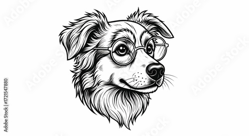 Intelligent dog wearing round glasses, looking curious and wise