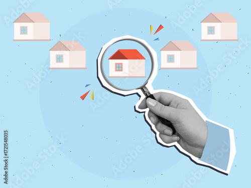 Hand with a magnifying glass looks at one of several houses. Modern collage style. Vector illustration