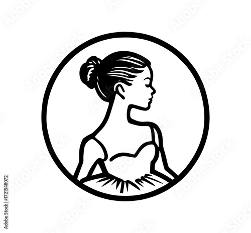 Elegant black and white silhouette of a graceful ballerina in profile, her eyes closed, within a circular frame, symbolizing artistry and performance.