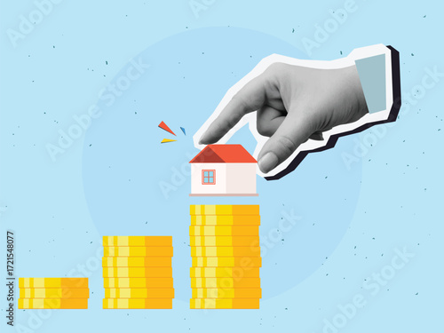 A hand places a small house on top of a stack of golden coins. Real estate value concept. Modern collage style. Vector illustration