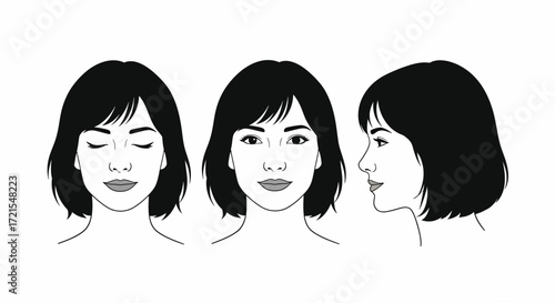 Versatile bob hairstyle shown from front, profile, and back views.
