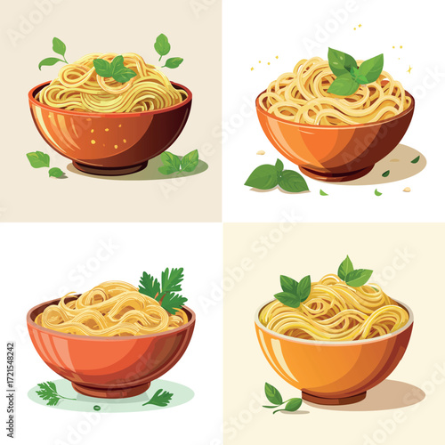 Four bowls of spaghetti topped with fresh green basil or parsley leaves, presented in a colorful, stylized illustration.
