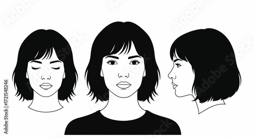 Three views of a woman's face: front, profile, and eyes closed, showcasing a modern bob haircut.