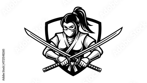Mascot Illustration Esport Logo Emblem Featuring a Determined Female Ninja Warrior Holding Crossed Swords