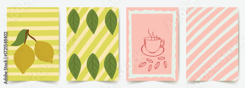 Set of stylish greeting cards, cover designs with lemons, tea cup, and stripe. Vector templates for postcards, print, posters, brochures. Trendy hand drawn illustration. Tea party invitation