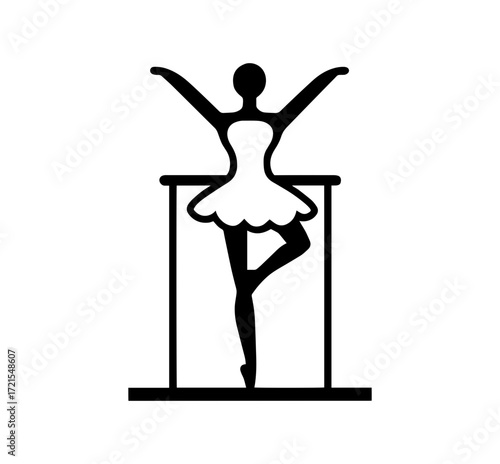Elegant ballerina in graceful pose performing ballet at barre with arms outstretched in a stylized silhouette