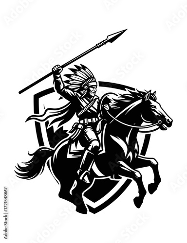 Mascot Illustration Esport Logo Emblem Featuring a Native American Warrior Riding a Horse with a Spear, Symbol of Strength