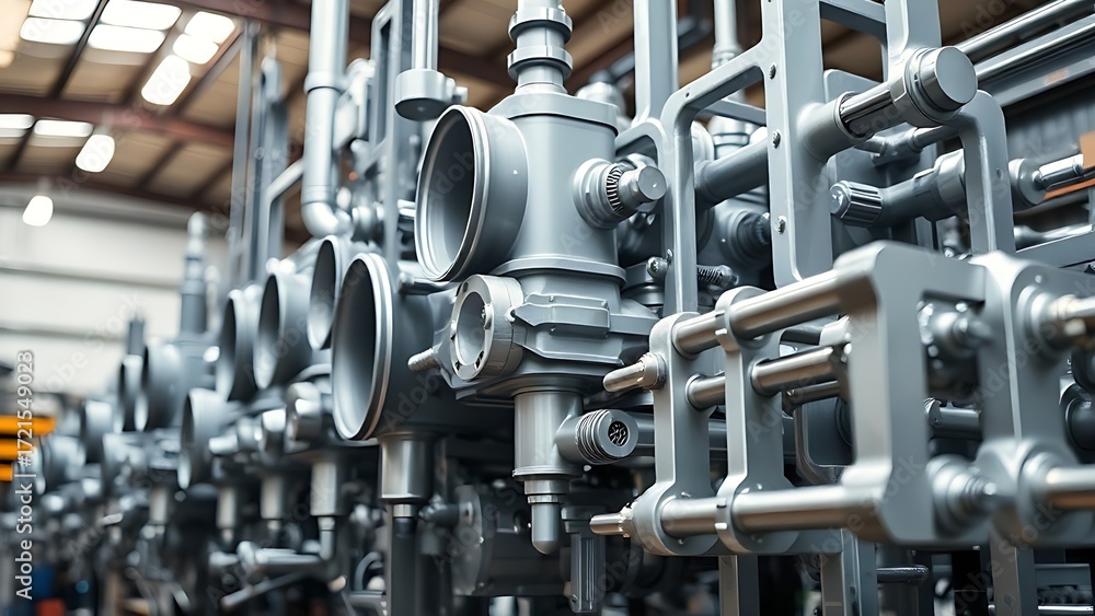 Fototapeta premium Precisely arranged industrial metal components forming geometric patterns under overhead workshop lighting.