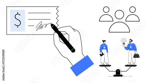 Hand writing on check portrays payment balance scale with professionals symbolizes fairness and equality group icon implies teamwork. Ideal for business, finance, fairness, equality, negotiation