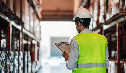 Foto A young male warehouse worker in a white hard hat and bright safety vest looks up at the inventory on the shelves while holding a clipboard