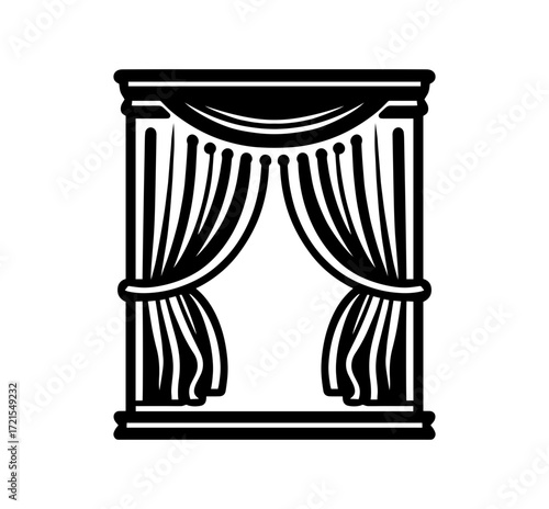Elegant black and white depiction of a classical stage curtain with ornate framing and tie-backs, suggesting theatre or formal events