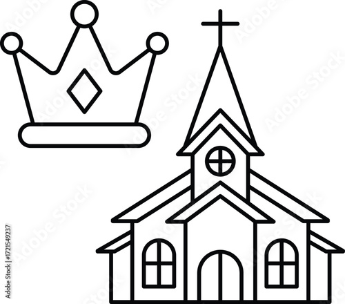 A church with a cross on top and a crown on the ground