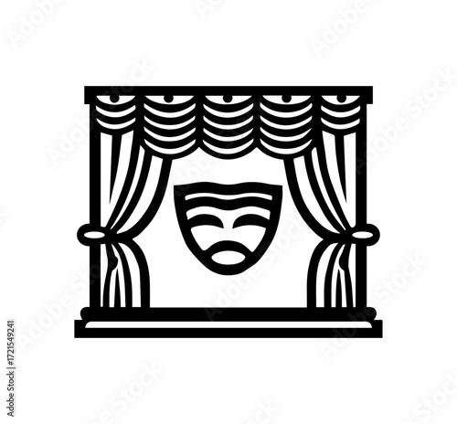 Stylized theatrical mask displayed on a stage with opulent draped curtains and a decorative pelmet overhead, representing drama and performance