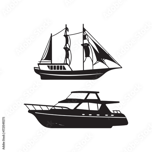 Sailboat and Motorboat Silhouette Illustration