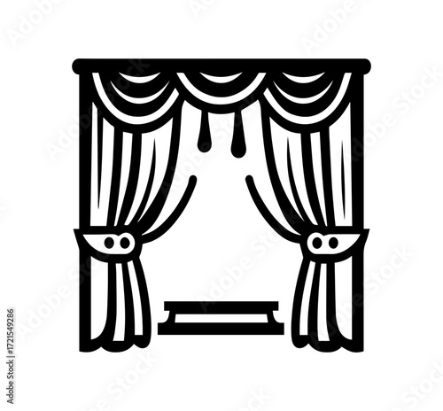 Elegant black and white theater stage curtains with draped pelmet and platform symbol