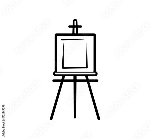 Simple black outline drawing of an artist's easel with a blank canvas ready for painting or display, symbolizing creativity and art.