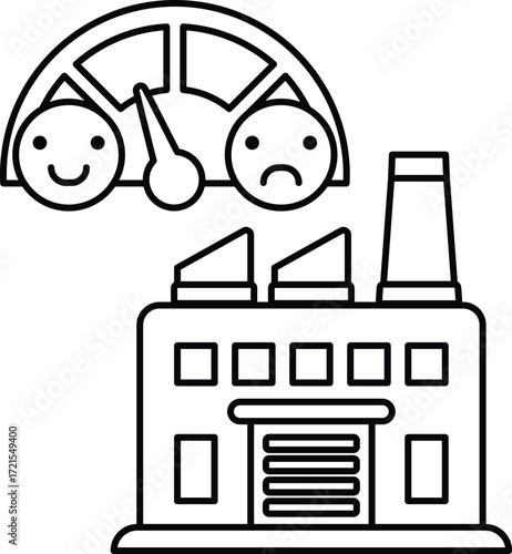 A car is driving past a factory with a speedometer showing a low speed