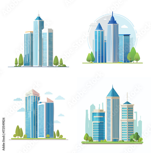 Four stylized illustrations of modern skyscrapers and office buildings with trees and clouds.