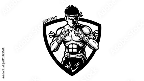 Fierce Muay Thai Fighter Mascot Illustration Esport Logo Emblem in a shield design for a gaming team
