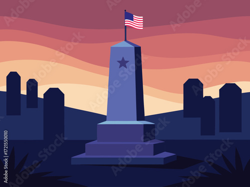 Patriotic Monument with American Flag at Sunset in a Cityscape Silhouette for Memorial Day or Independence Day on