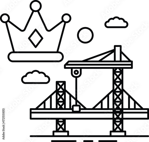 A black and white drawing of a bridge with a crown on top of it