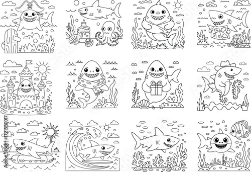 Collection of cute cartoon sharks and ocean life coloring pages for kids featuring a baby shark swimming underwater isolated on white background