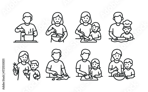 Set of family cooking icons with parents and children preparing food together. Black outline vector illustrations on white background. Home kitchen and culinary activity concept.