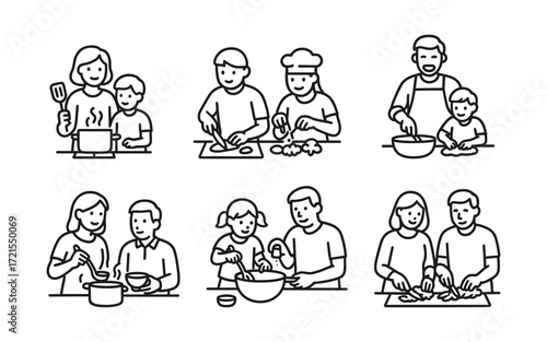 Set of family cooking icons with parents and children preparing food together. Black outline vector illustrations on white background. Home kitchen and culinary activity concept.