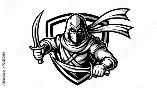 Stealthy Ninja Assassin with Daggers Mascot Illustration Esport Logo Emblem on a shield background