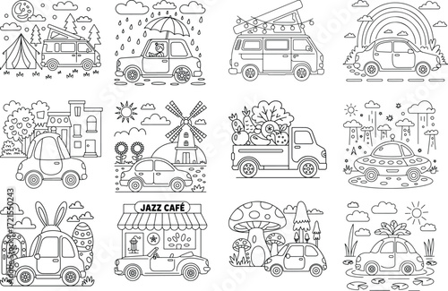 Fun outline illustration of a truck camper vehicle for coloring pages featuring a detailed vehicle design isolated on a white background isolated on white background