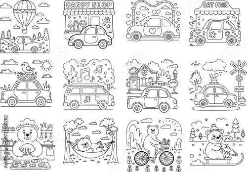 Charming scenes of cars bears and daily life for coloring activities featuring an automobile and a hot air balloon isolated on white background