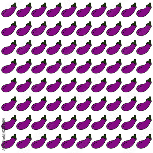 Seamless pattern vector illustration featuring uniform eggplants with deep purple skin and green stems, creating a fresh, vibrant, and playful design ideal for food, farm, and nature projects.