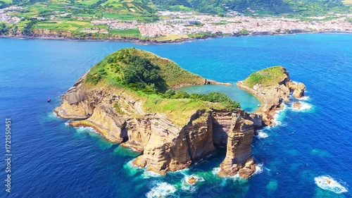 Vila Franca Islet, Vila Franca Do Campo Town and Atlantic Ocean on Sunny Day. Azores, Sao Miguel Island. Portugal. Aerial View. Orbiting