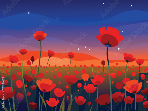 Vibrant Poppy Field Illustration at Sunset with a Colorful Sky and Distant Hills in the Background on white
