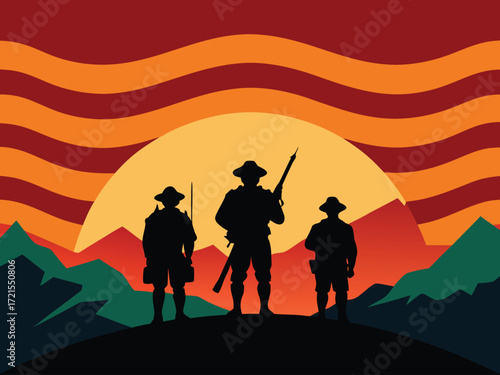 Silhouette of Soldiers Standing Guard at Sunset A Tribute to Military Service and Remembrance Day on white background