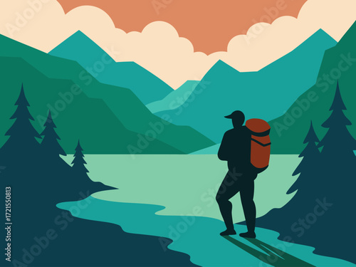 Silhouette of a Hiker with Backpack Contemplating a Mountain Lake Landscape at Sunset in a Minimalist Vector Illustration