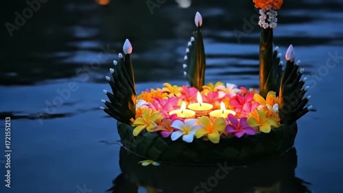 Decorated Krathong with Candles and Flowers in Festive Mood Drifting on Water Close-Up from Right Side, Loy Krathong Festival Concept