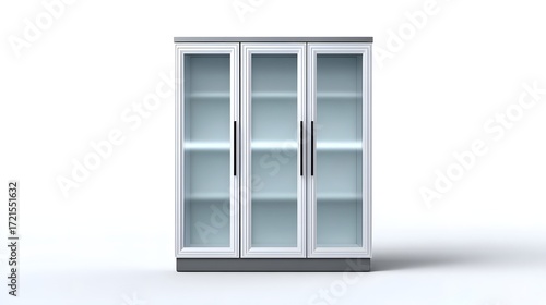 Modern, minimalist glass-fronted storage cabinet with adjustable shelves for display or organization